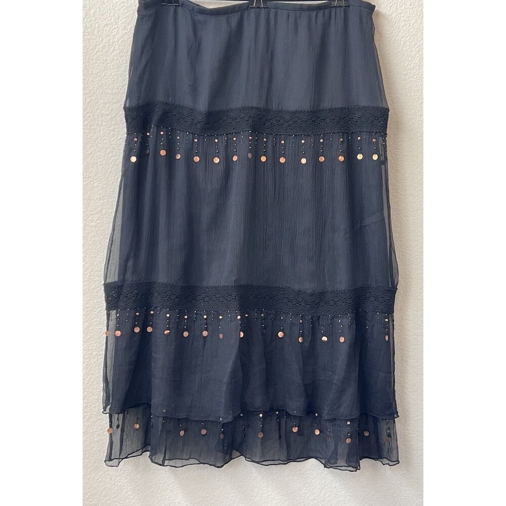 Spenser Jeremy Silk Skirt XL Black Tiered Sheer Lace Copper Sequin Boho Midi Y2K